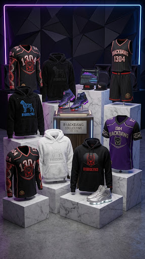 B1OODLYN3 B1ackDawg collective apparel showcase featuring hoodies, jerseys, and footwear displayed on marble pedestals